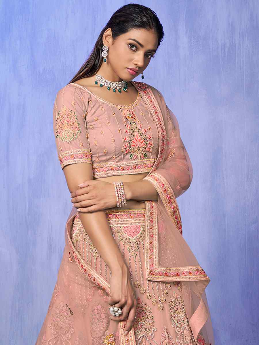Peach Orange Net Embroidered Bridal Reception Heavy Border Lehenga Choli