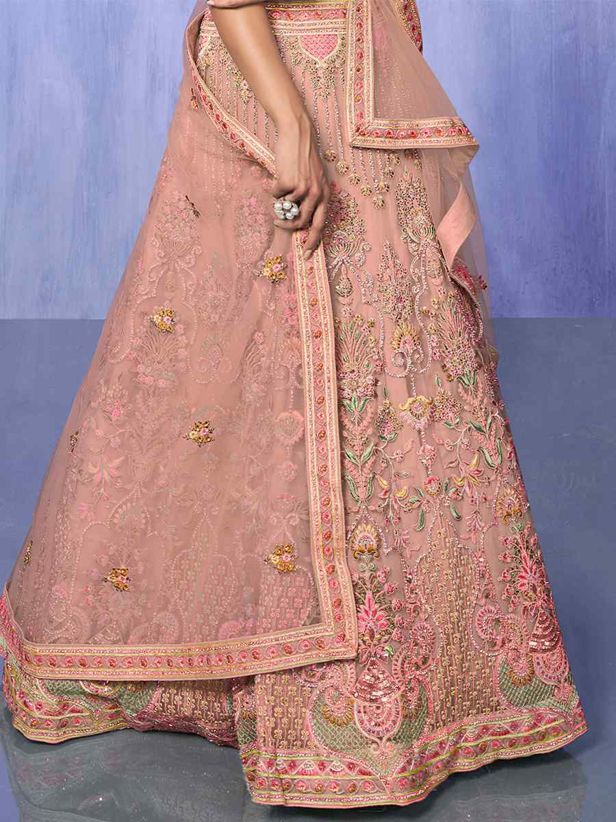 Peach Orange Net Embroidered Bridal Reception Heavy Border Lehenga Choli
