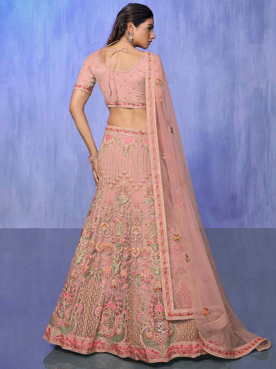 Peach Orange Net Embroidered Bridal Reception Heavy Border Lehenga Choli