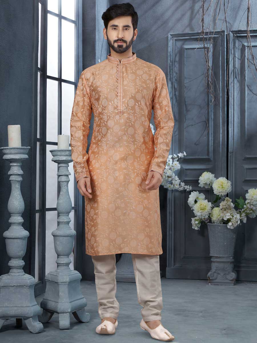 Peach Orange Silk Embroidered Festival Kurta Set