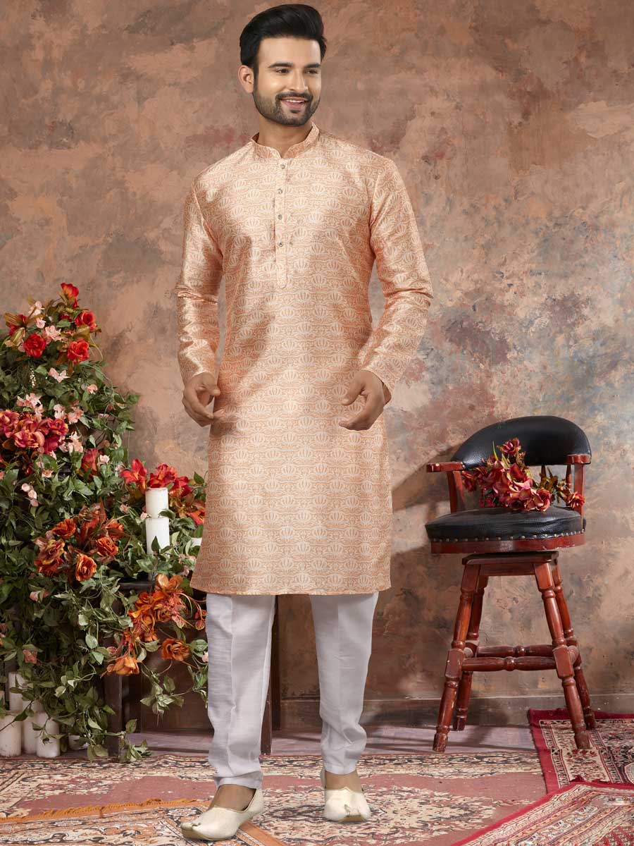Peach Orange Silk Printed Festival Kurta Set