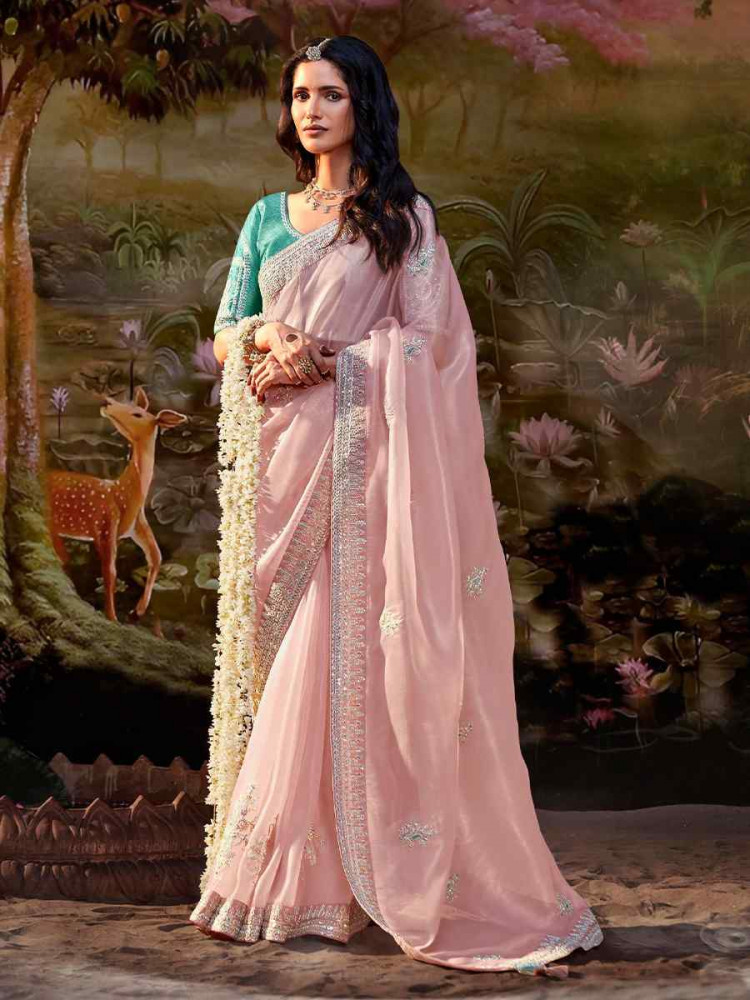Peach Organza Chiffon Embroidered Reception Party Heavy Border Saree