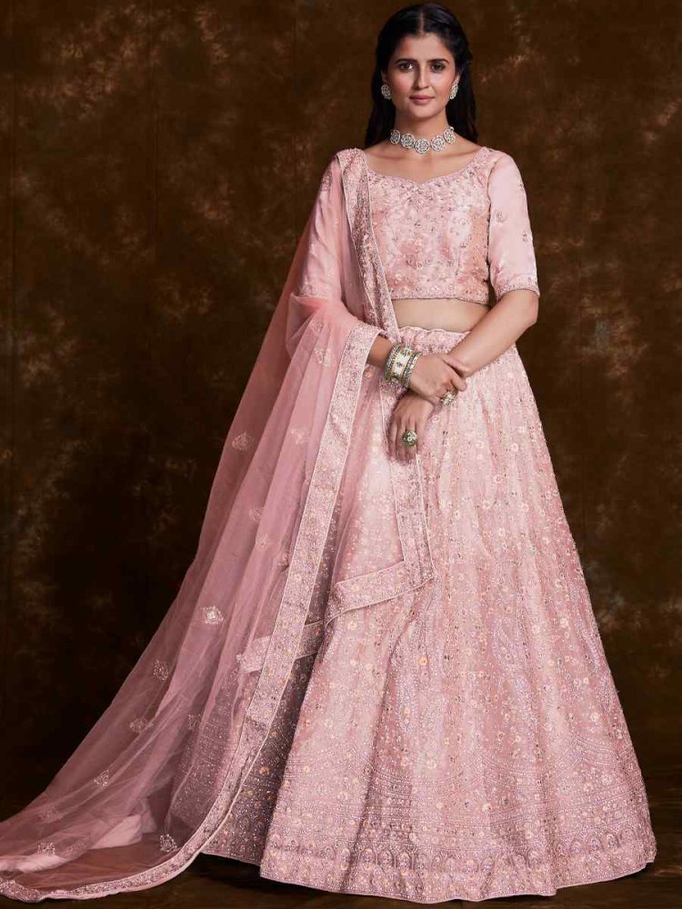 Peach Organza Embroidered Bridal Wedding Heavy Border Lehenga Choli
