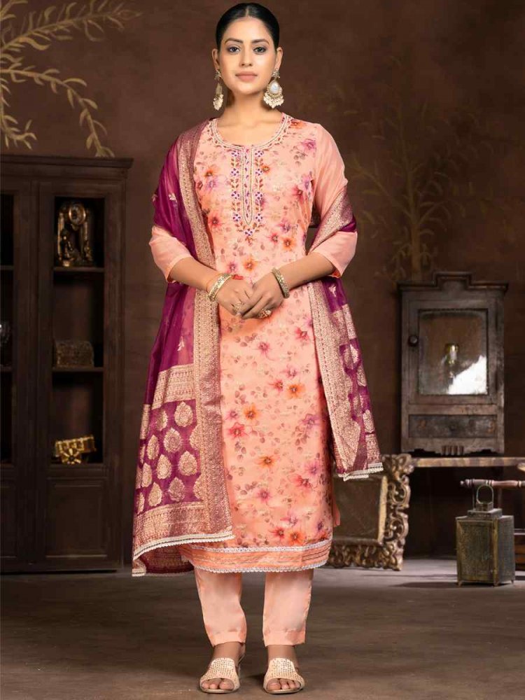 Peach Organza Embroidered Casual Festival Pant Salwar Kameez