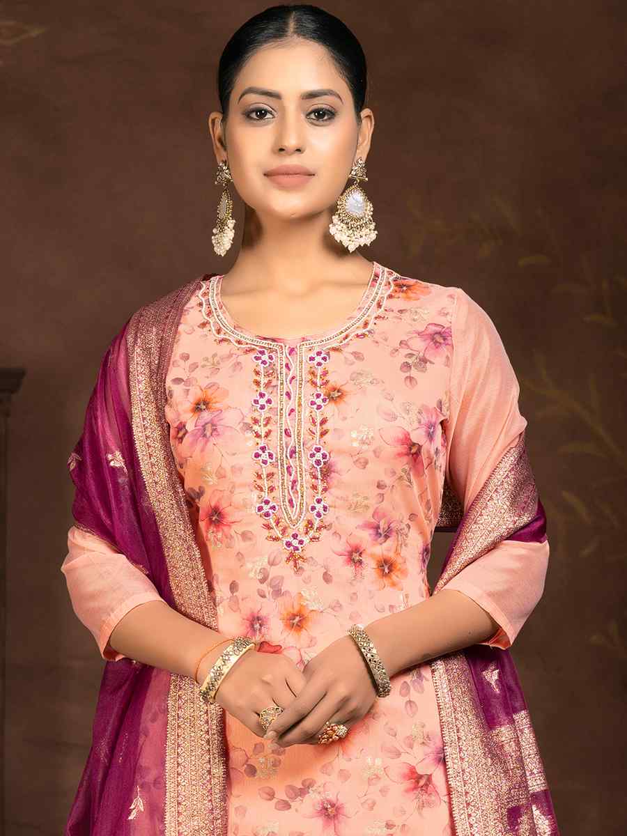 Peach Organza Embroidered Casual Festival Pant Salwar Kameez