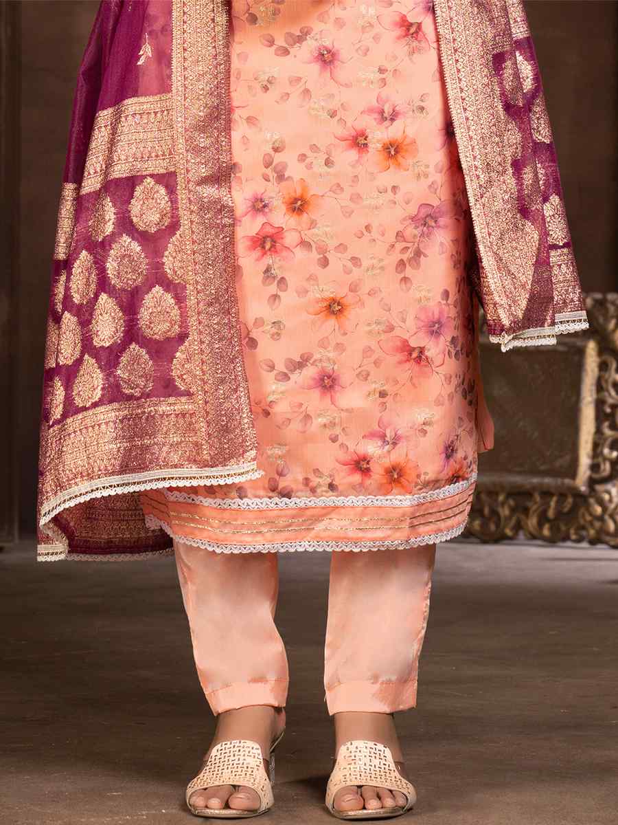 Peach Organza Embroidered Casual Festival Pant Salwar Kameez