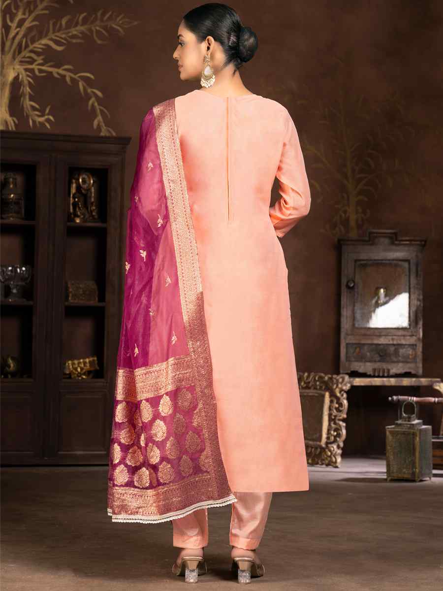 Peach Organza Embroidered Casual Festival Pant Salwar Kameez