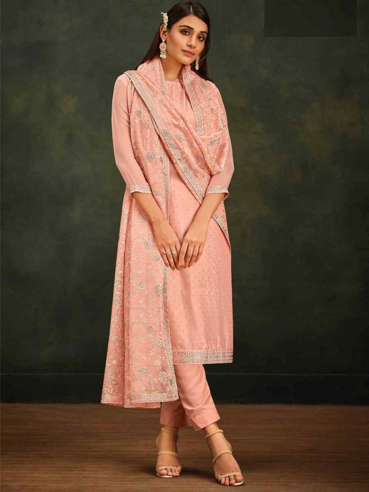 Peach Organza Embroidered Festival Party Pant Salwar Kameez