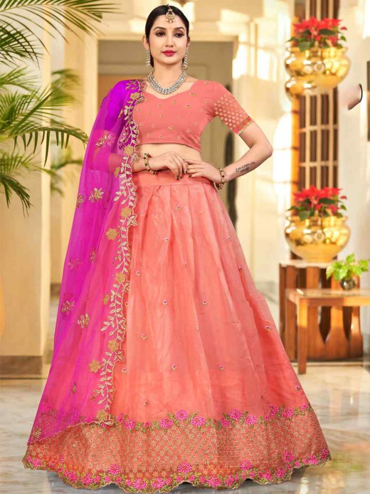 Peach Organza Embroidered Festival Wedding Heavy Border Lehenga Choli