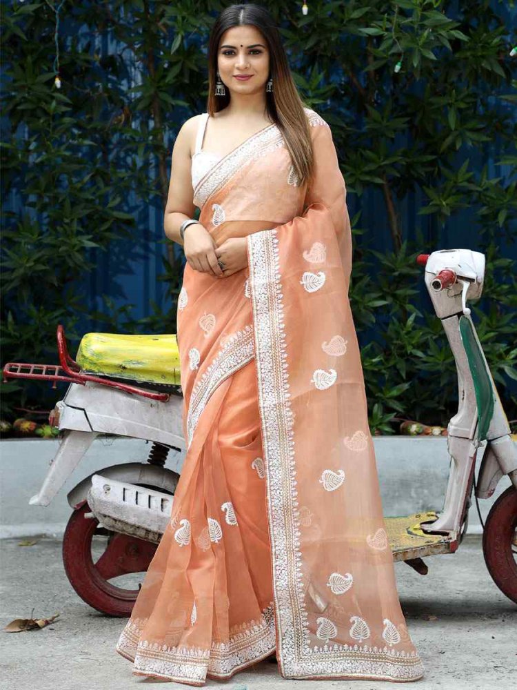 Peach Organza Embroidered Reception Party Heavy Border Saree