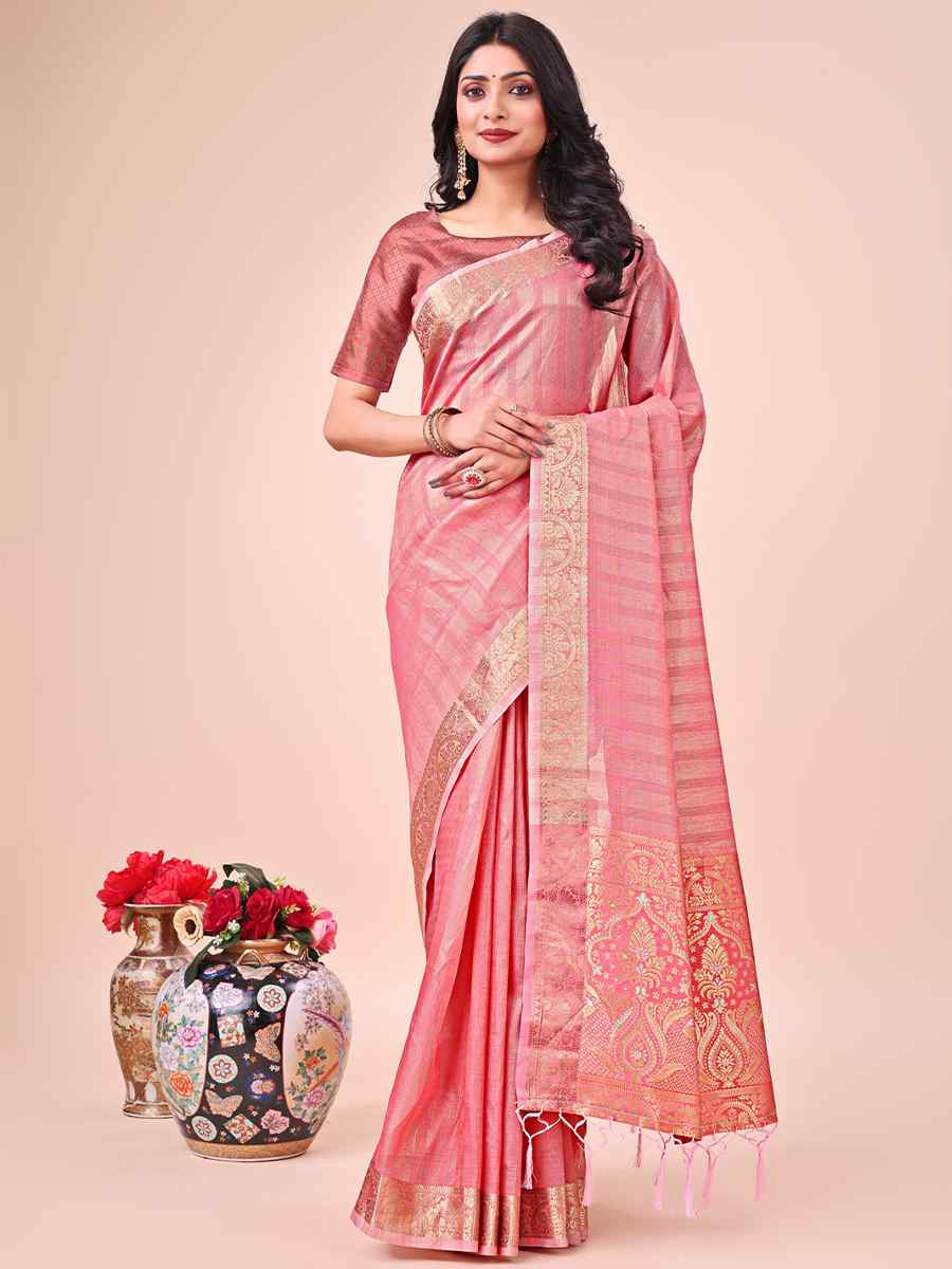 Peach Organza Handwoven Festival Wedding Fancy Heavy Border Saree