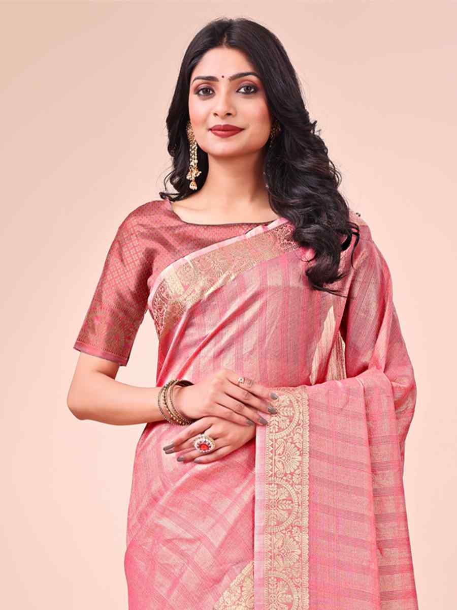 Peach Organza Handwoven Festival Wedding Fancy Heavy Border Saree