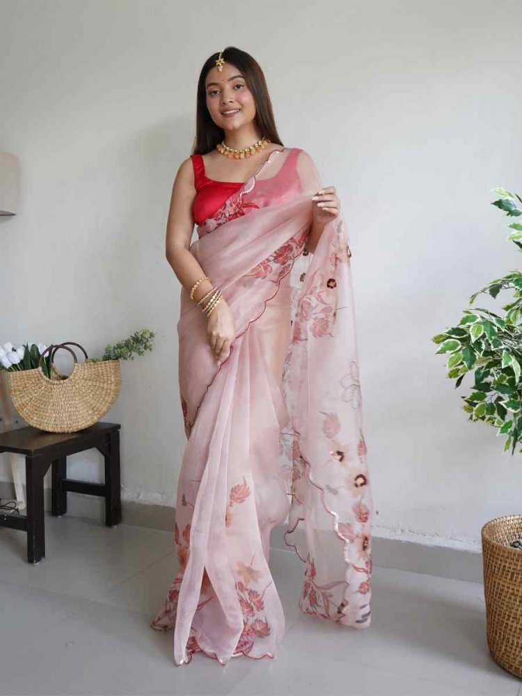 Peach Organza Handwoven Party Festival Classic Style Saree