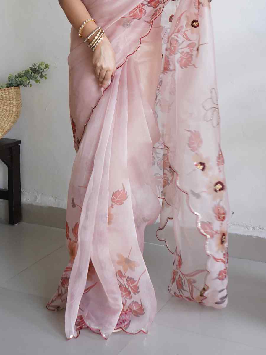 Peach Organza Handwoven Party Festival Classic Style Saree