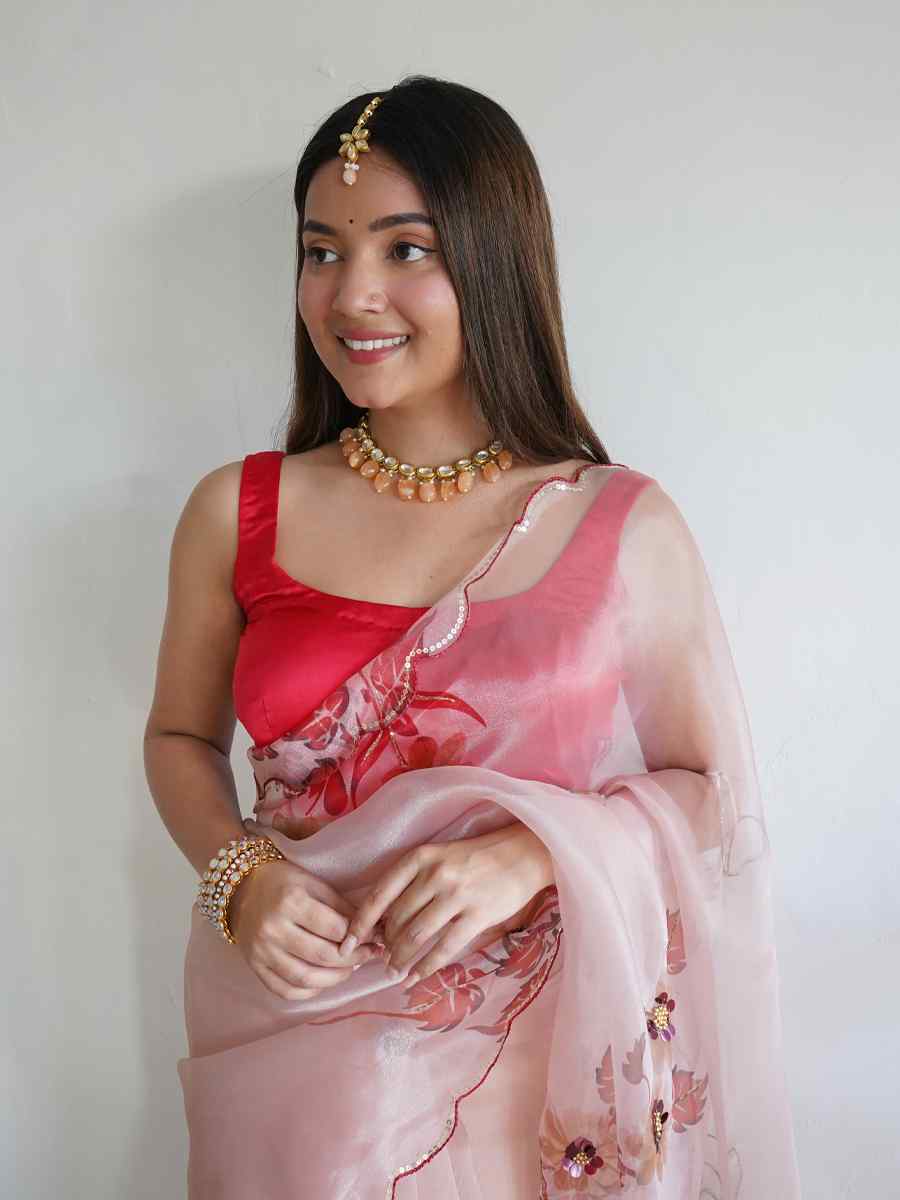 Peach Organza Handwoven Party Festival Classic Style Saree