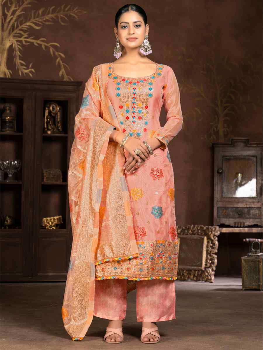 Peach Organza Jacquard Embroidered Casual Festival Pant Salwar Kameez