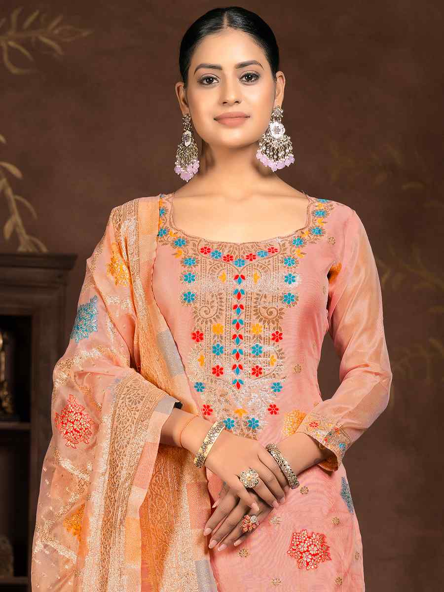 Peach Organza Jacquard Embroidered Casual Festival Pant Salwar Kameez
