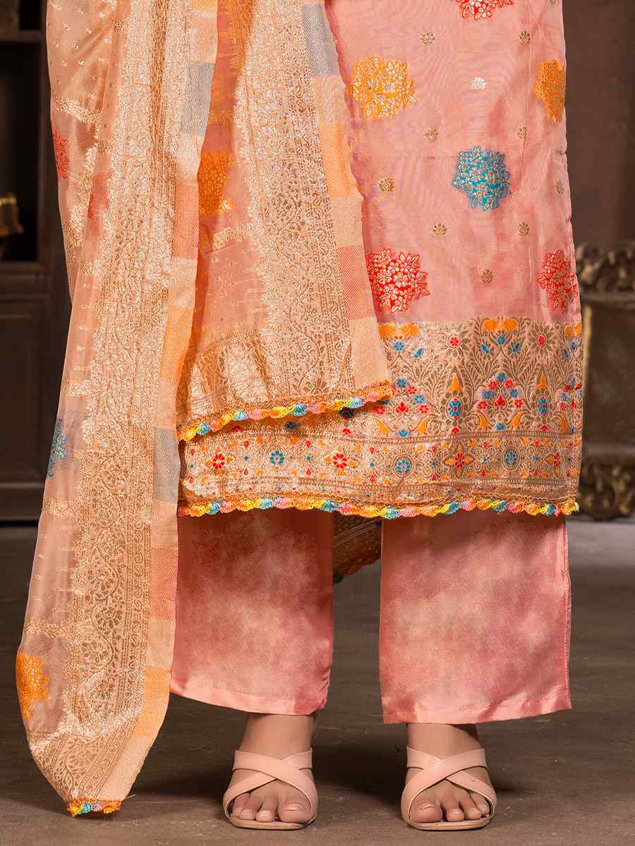 Peach Organza Jacquard Embroidered Casual Festival Pant Salwar Kameez