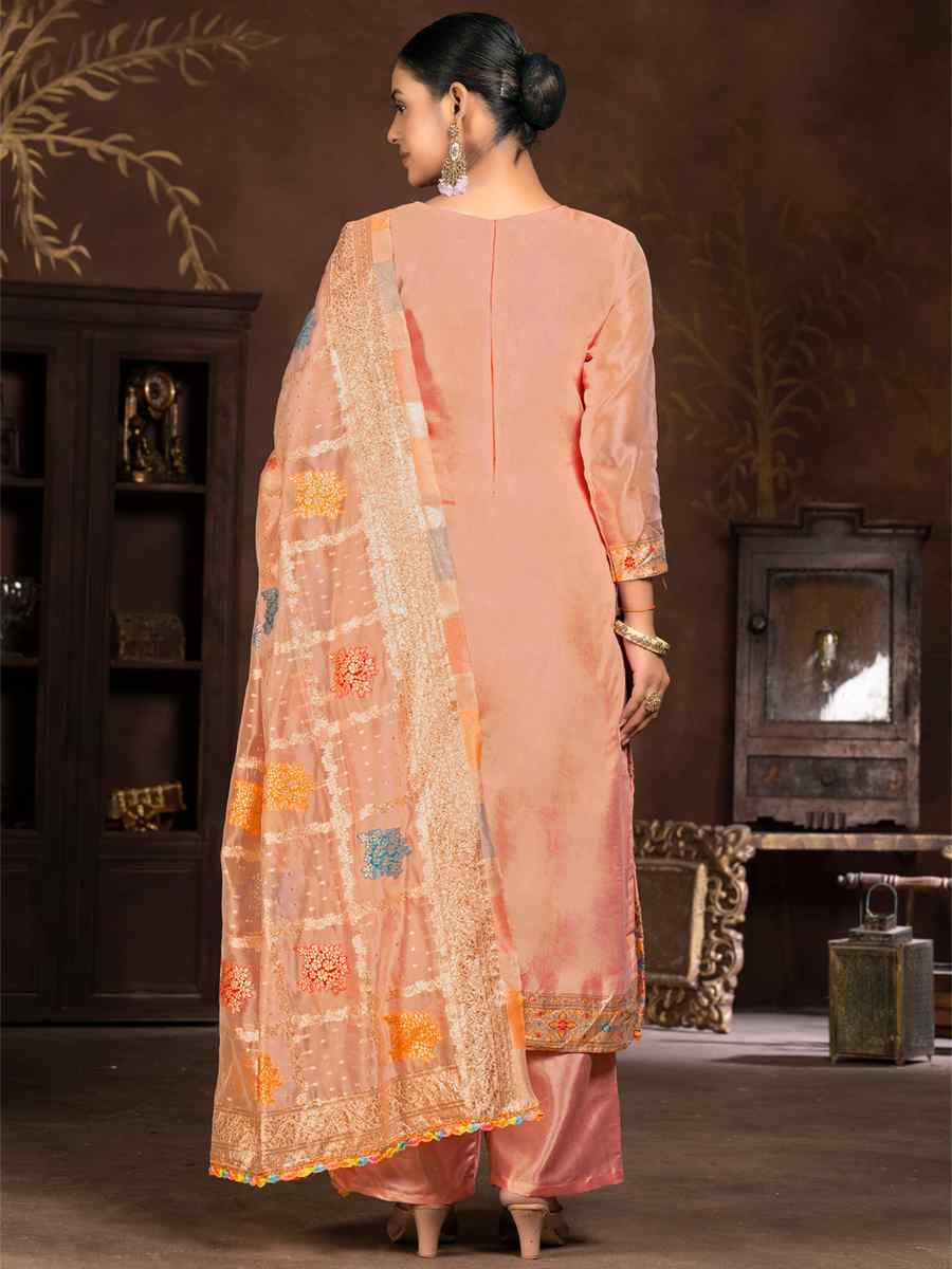 Peach Organza Jacquard Embroidered Casual Festival Pant Salwar Kameez