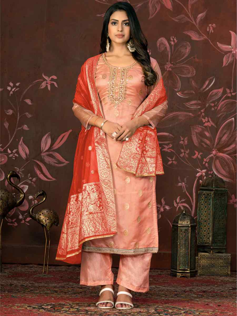 Peach Organza Jacquard Embroidered Casual Festival Pant Salwar Kameez