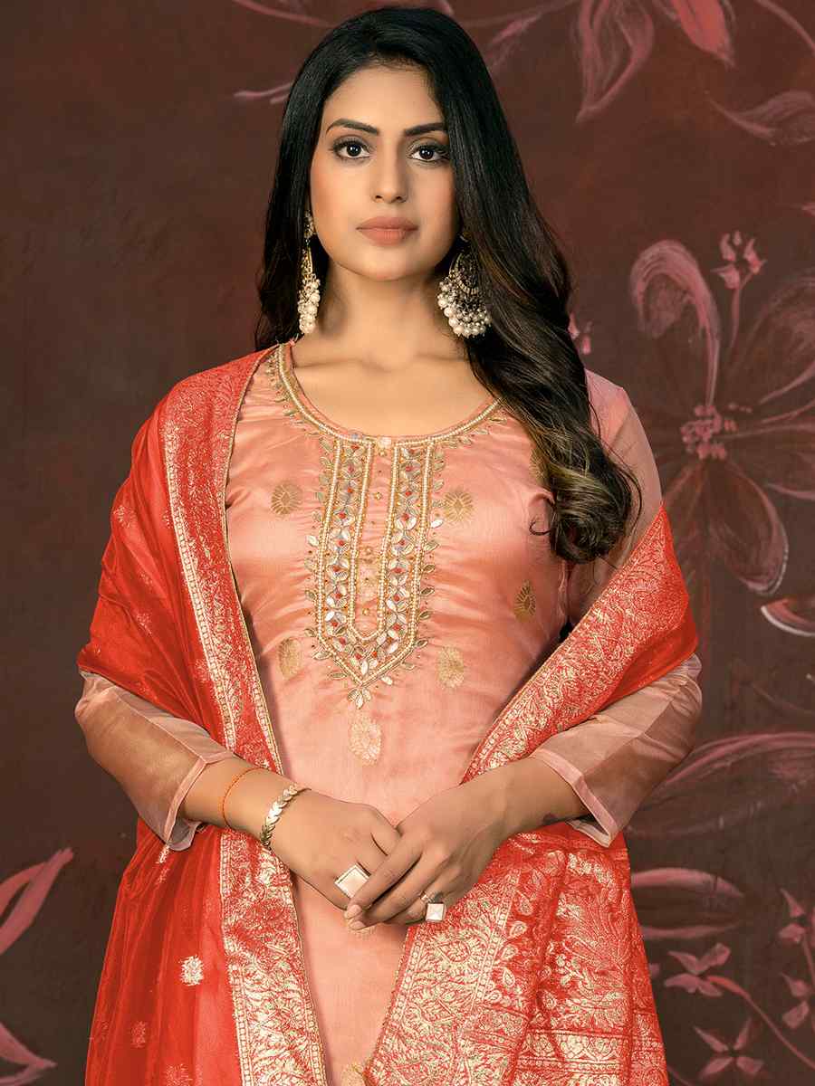 Peach Organza Jacquard Embroidered Casual Festival Pant Salwar Kameez
