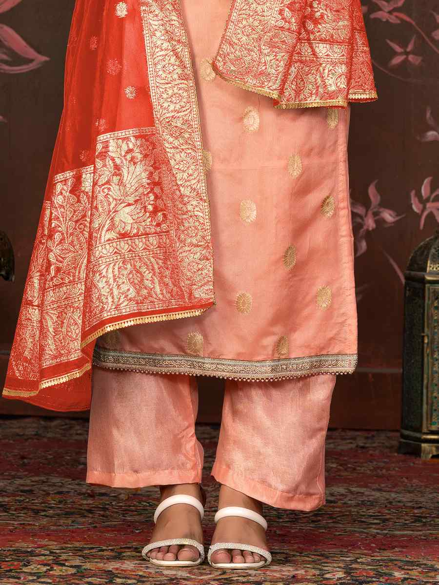 Peach Organza Jacquard Embroidered Casual Festival Pant Salwar Kameez