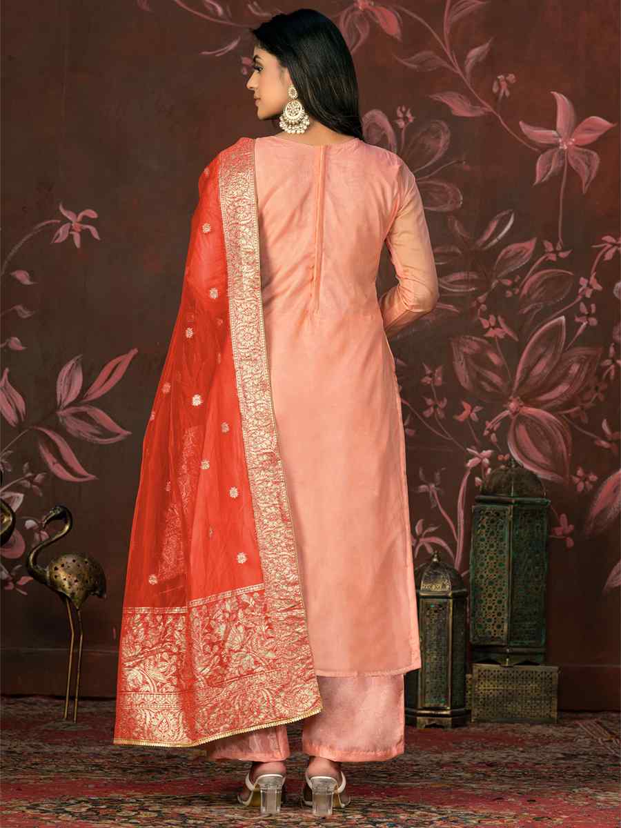 Peach Organza Jacquard Embroidered Casual Festival Pant Salwar Kameez