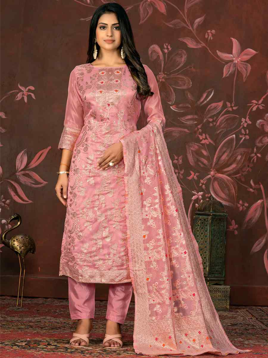 Peach Organza Jacquard Embroidered Casual Festival Pant Salwar Kameez