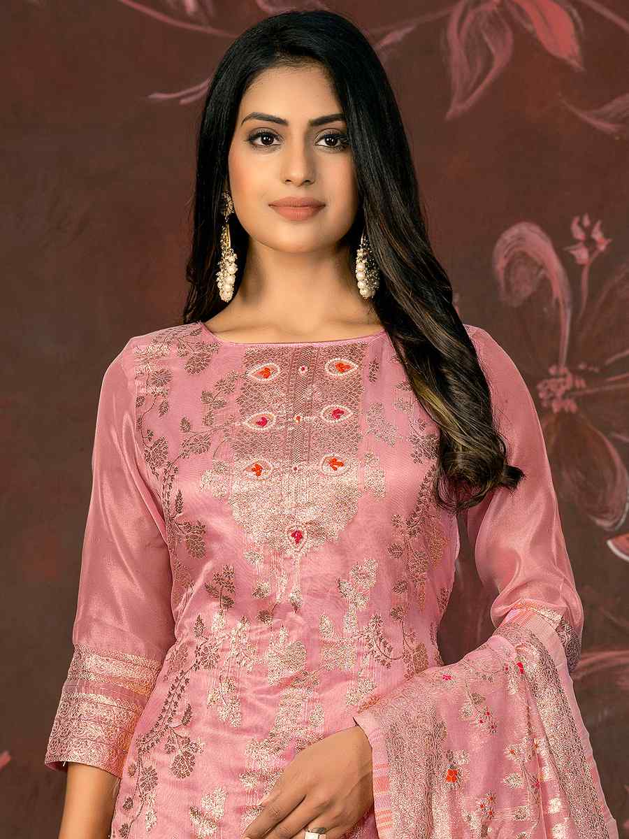Peach Organza Jacquard Embroidered Casual Festival Pant Salwar Kameez
