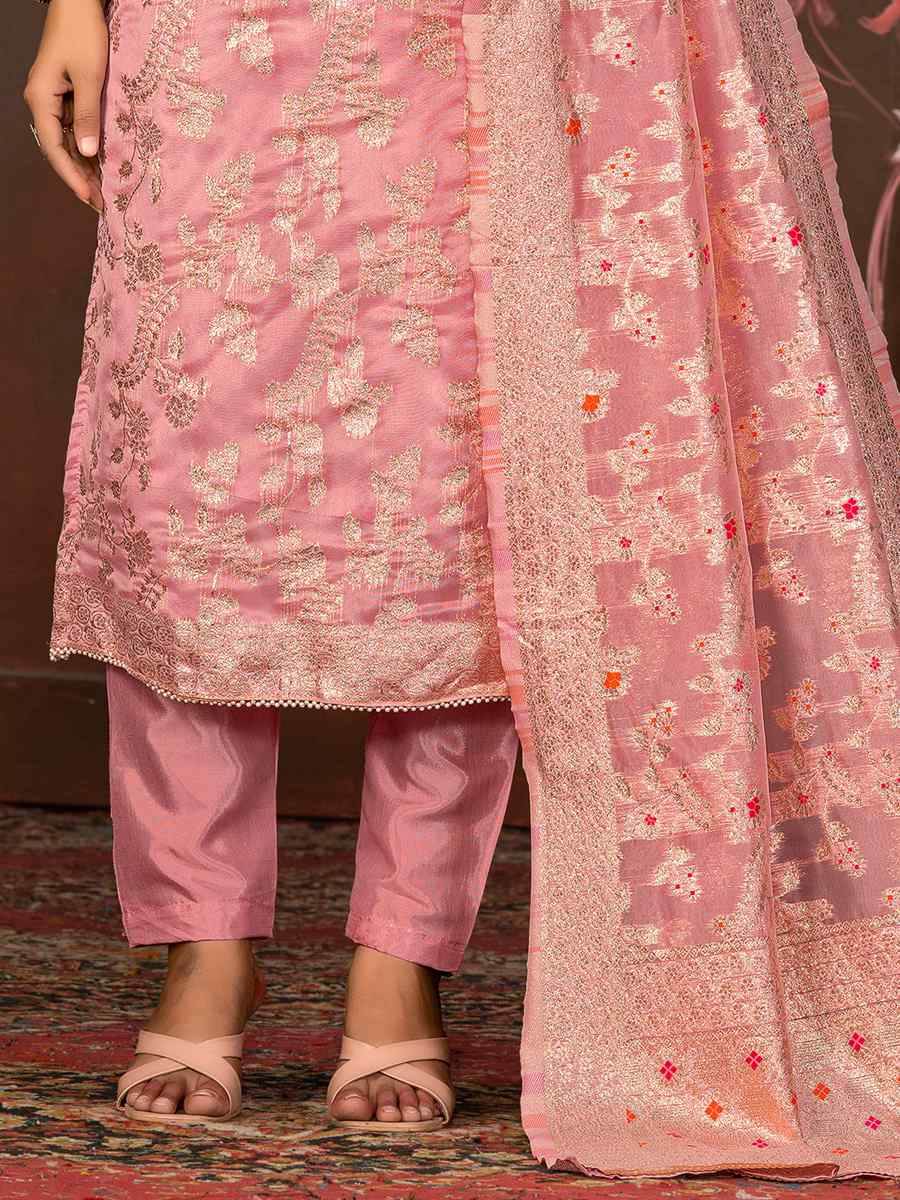 Peach Organza Jacquard Embroidered Casual Festival Pant Salwar Kameez