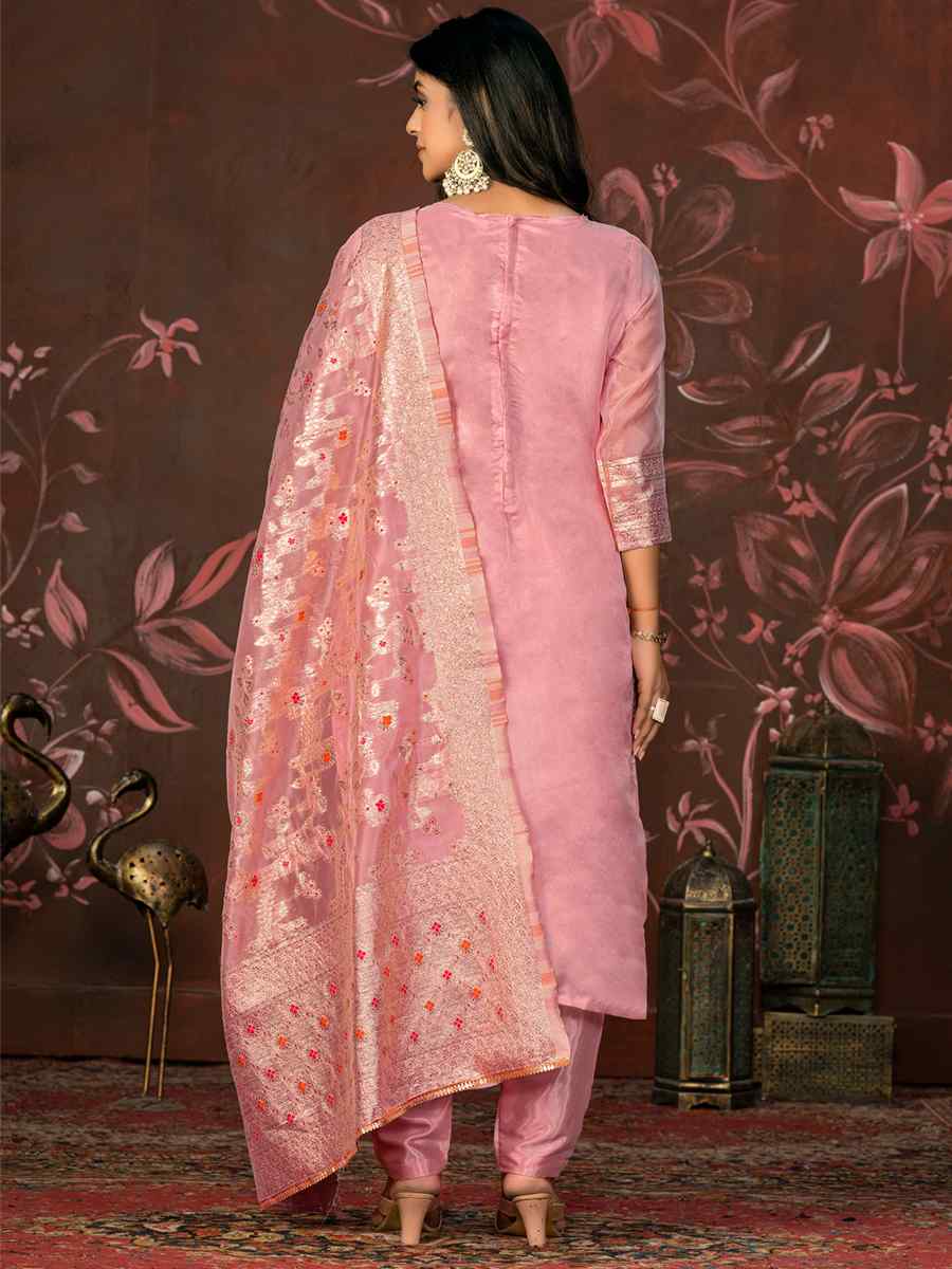 Peach Organza Jacquard Embroidered Casual Festival Pant Salwar Kameez