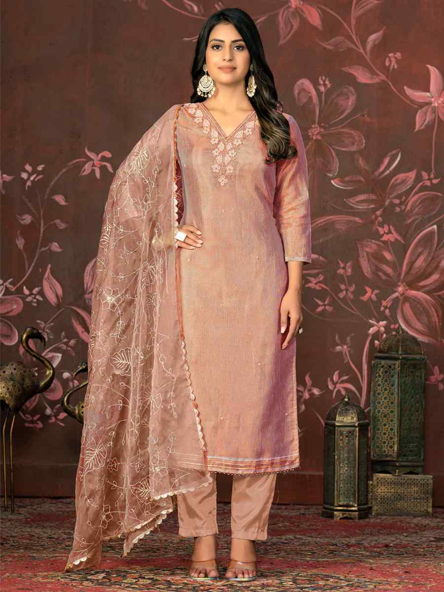 Peach Organza Jacquard Embroidered Casual Festival Pant Salwar Kameez