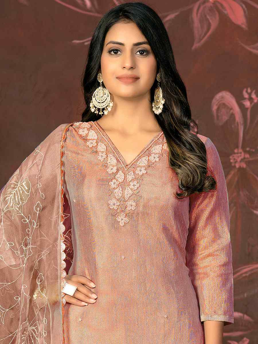 Peach Organza Jacquard Embroidered Casual Festival Pant Salwar Kameez