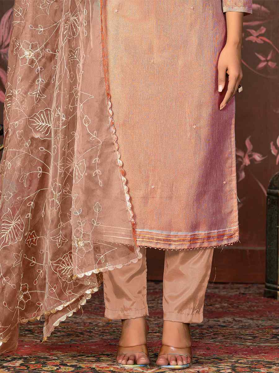 Peach Organza Jacquard Embroidered Casual Festival Pant Salwar Kameez