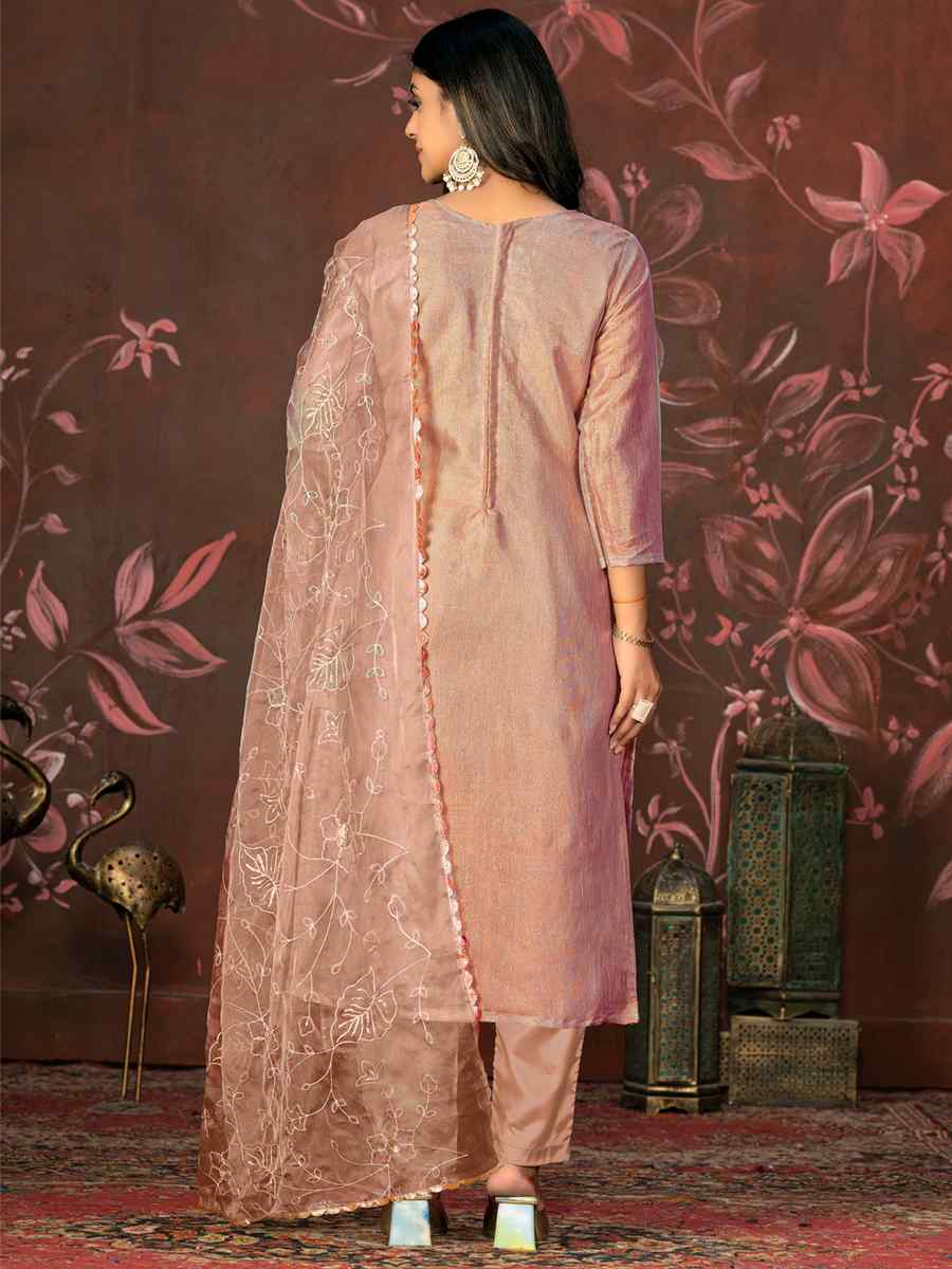 Peach Organza Jacquard Embroidered Casual Festival Pant Salwar Kameez