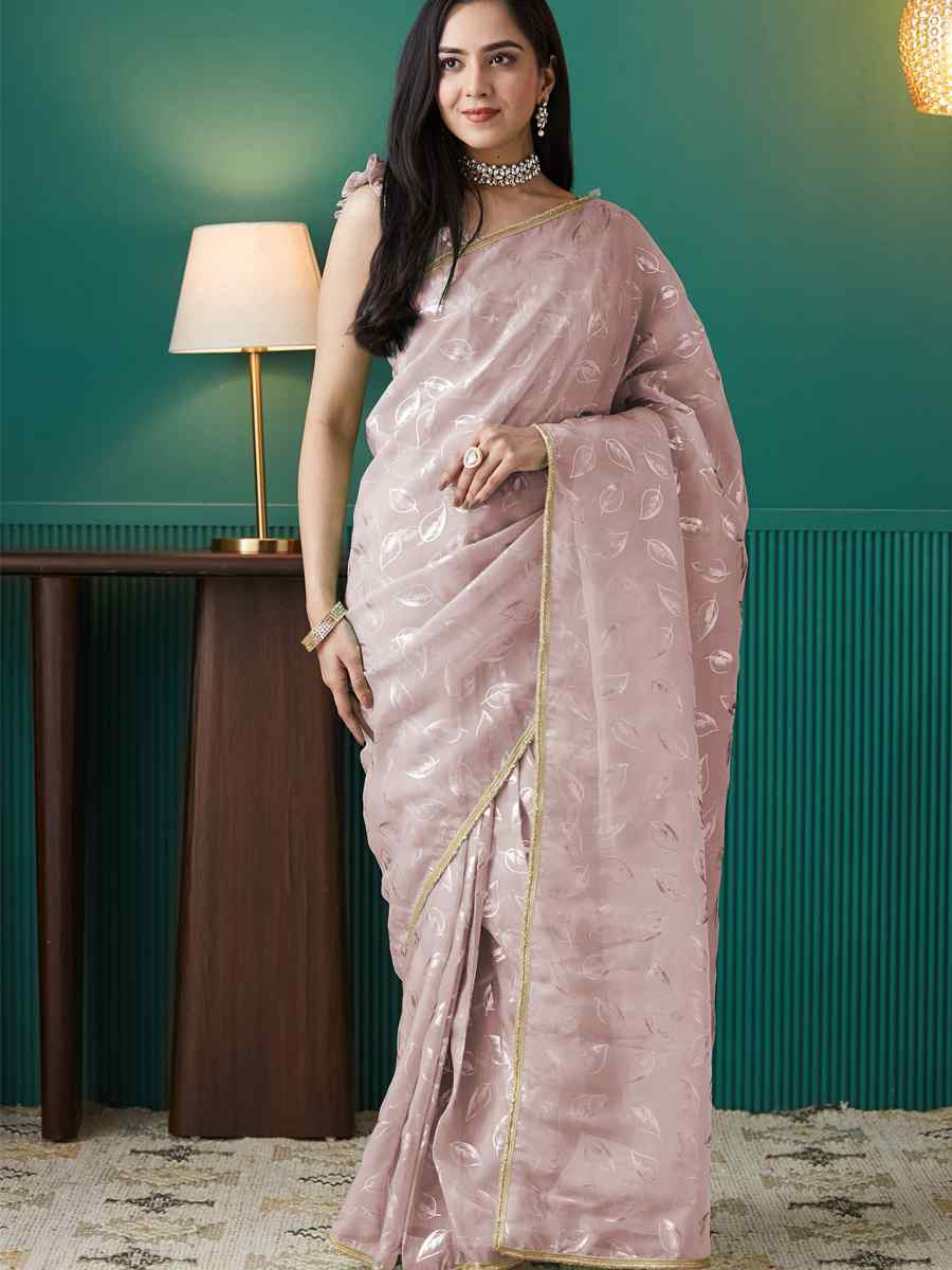 Peach Organza Printed Party Reception Festival Wedding Fancy Classic Style Sarees