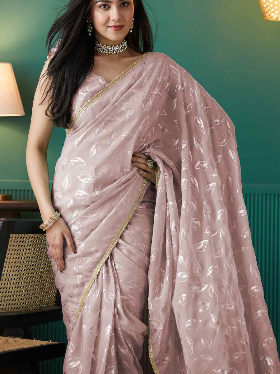 Peach Organza Printed Party Reception Festival Wedding Fancy Classic Style Sarees