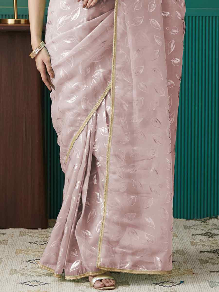 Peach Organza Printed Party Reception Festival Wedding Fancy Classic Style Sarees