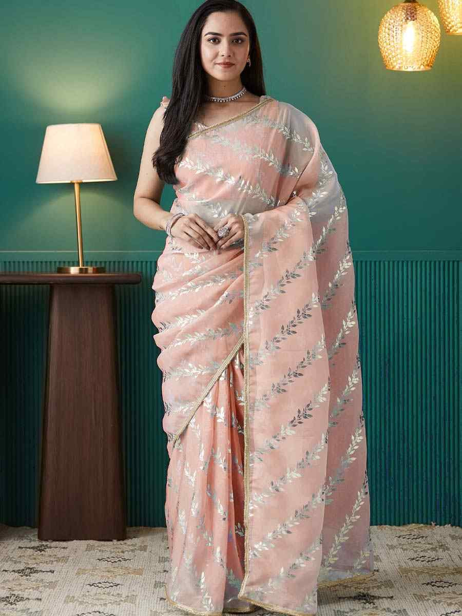 Peach Organza Printed Party Reception Festival Wedding Fancy Classic Style Sarees