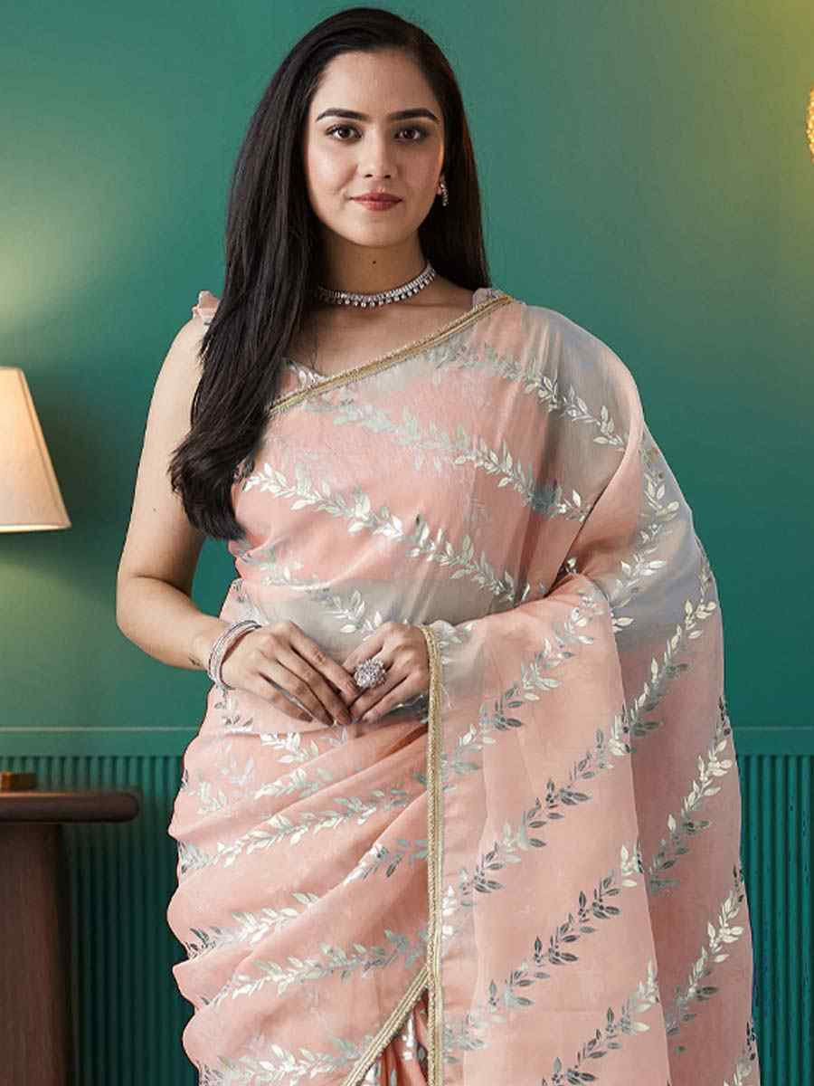 Peach Organza Printed Party Reception Festival Wedding Fancy Classic Style Sarees