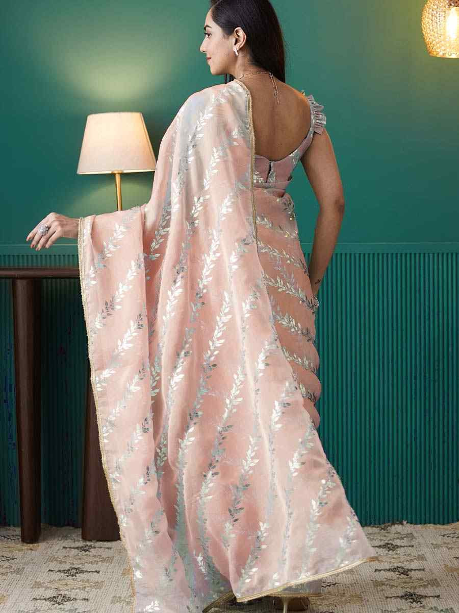 Peach Organza Printed Party Reception Festival Wedding Fancy Classic Style Sarees