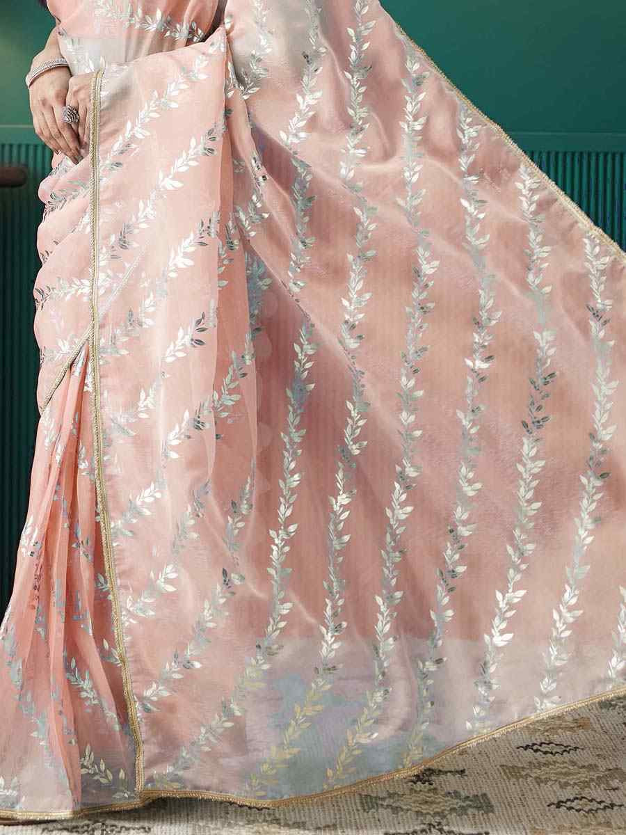 Peach Organza Printed Party Reception Festival Wedding Fancy Classic Style Sarees
