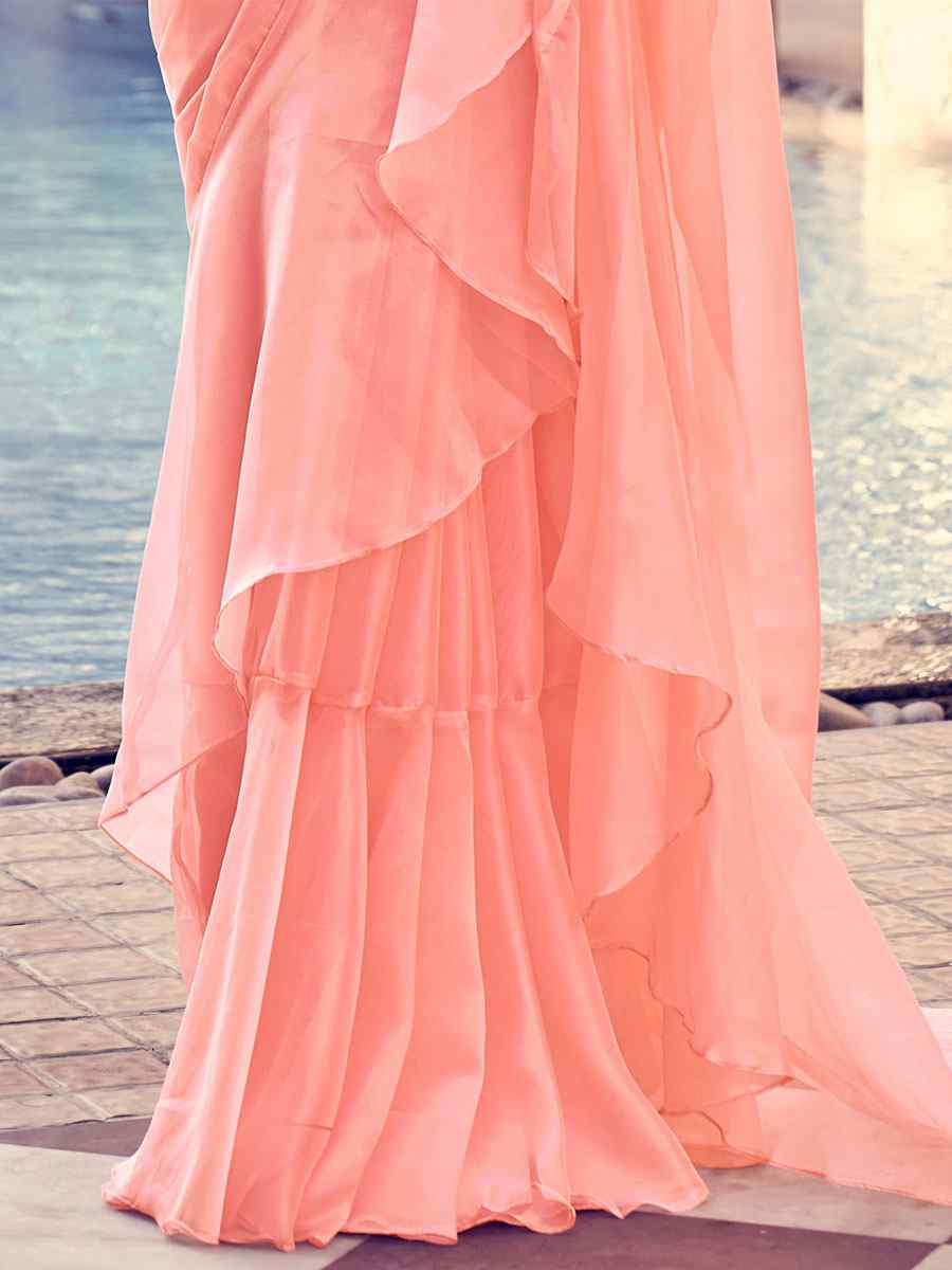 Peach Organza Sequins Party Festival Classic Style Saree