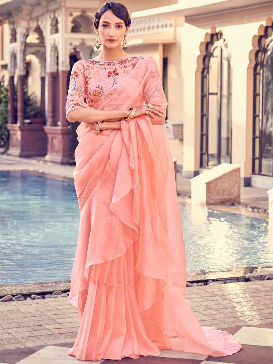 Peach Organza Sequins Party Festival Classic Style Saree