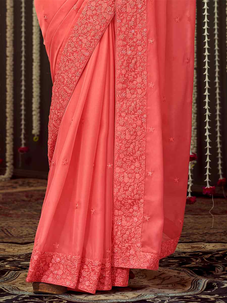 Peach Organza Sequins Wedding Party Classic Style Saree