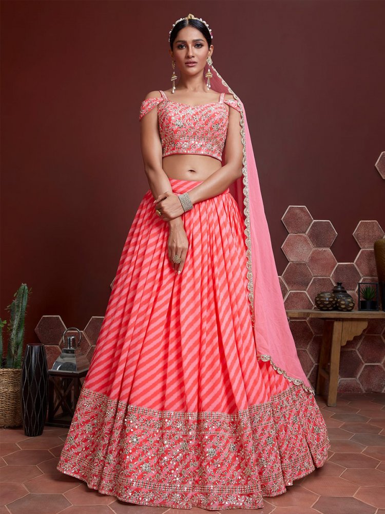 Peach Organza Silk Embroidered Bridesmaid Wedding Heavy Border Lehenga Choli