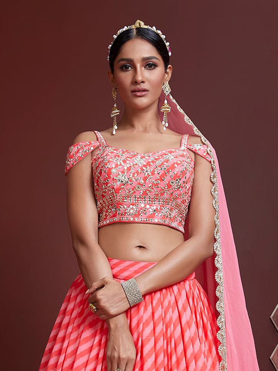 Peach Organza Silk Embroidered Bridesmaid Wedding Heavy Border Lehenga Choli