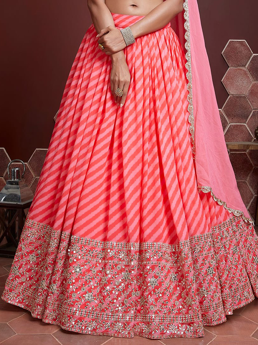 Peach Organza Silk Embroidered Bridesmaid Wedding Heavy Border Lehenga Choli
