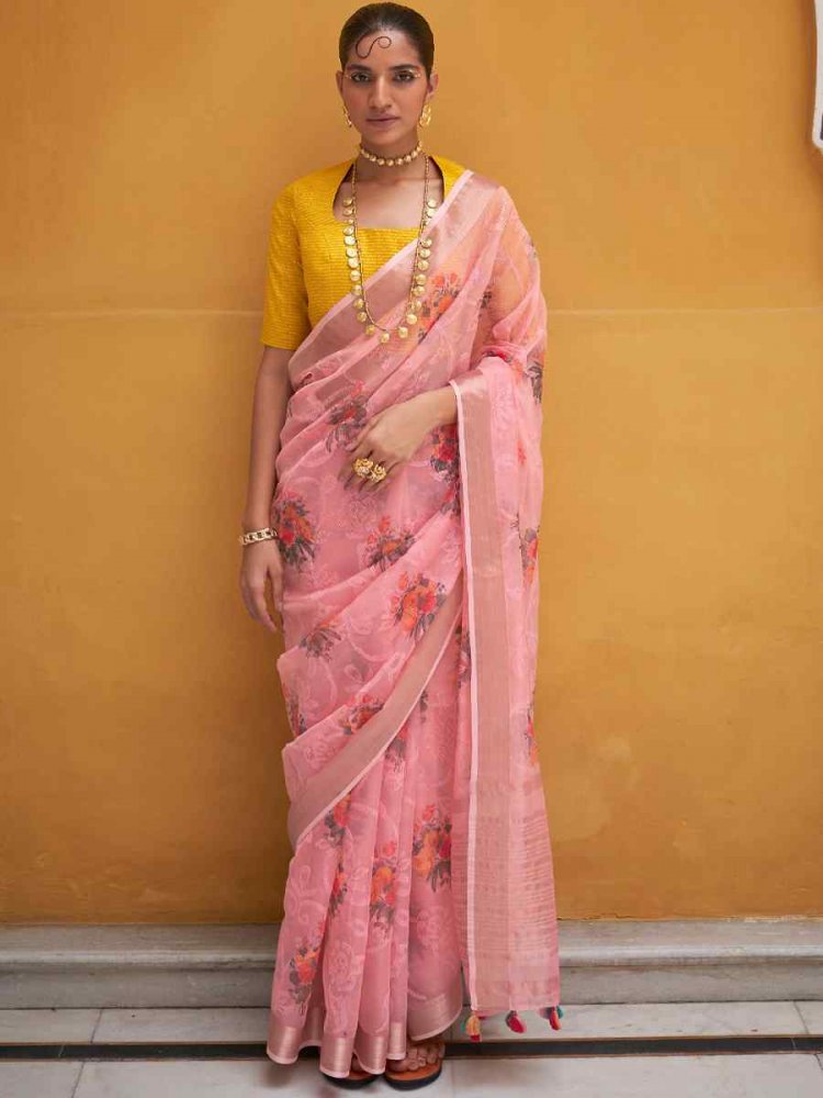 Peach Organza Silk Embroidered Party Festival Classic Style Saree