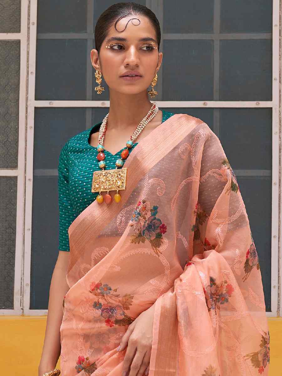 Peach Organza Silk Embroidered Party Festival Classic Style Saree